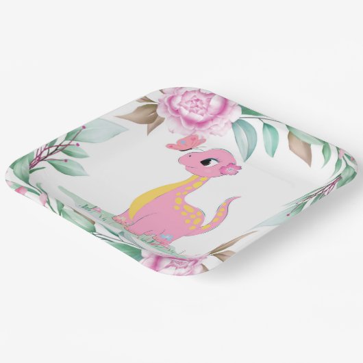 Assiettes En Carton Baby shower papillon Dinosaure rose pâle (Angulaire)