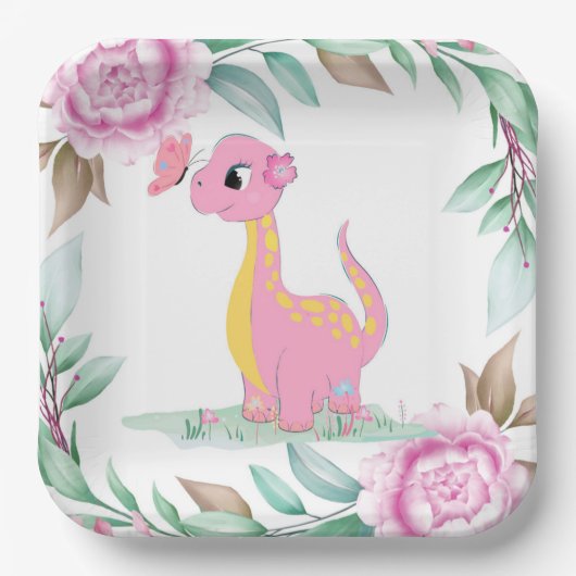 Assiettes En Carton Baby shower papillon Dinosaure rose pâle (Recto)
