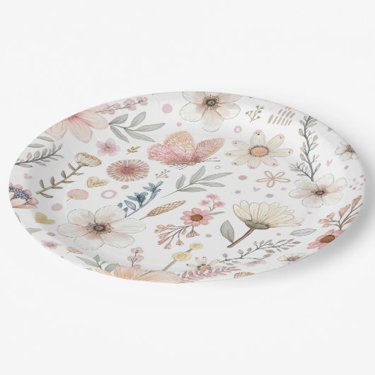 Assiettes En Carton Baby shower papillon fleur sauvage (Angle)