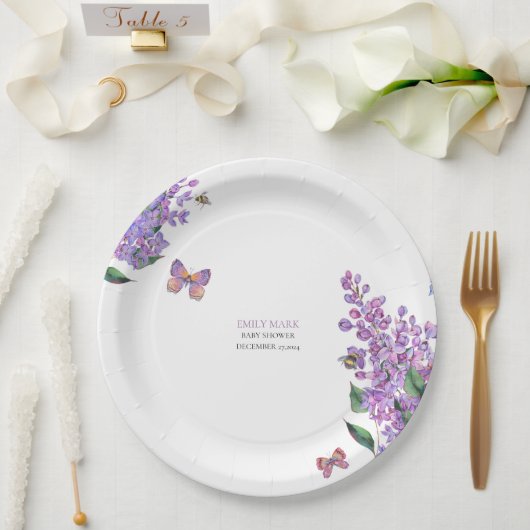 Assiettes En Carton Baby shower papillon fleuri violet invitation (Mariage)