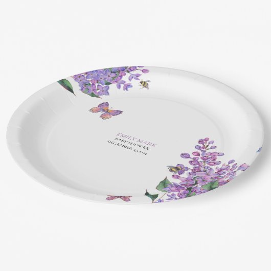 Assiettes En Carton Baby shower papillon fleuri violet invitation (Angle)