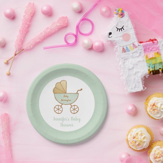 Assiettes En Carton Baby shower Pastel Mint Green Retro Carriage (Fête)