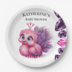 Assiettes En Carton Baby shower Peacock pour bébé rose et pourpre