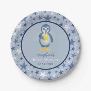 Assiettes En Carton Baby shower Penguin Blue & White Star