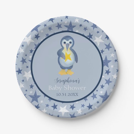 Assiettes En Carton Baby shower Penguin Blue & White Star (Devant)