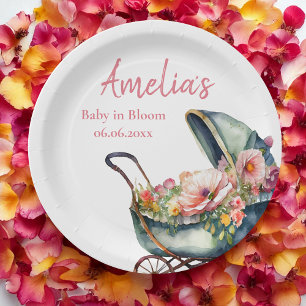 Assiettes En Carton Baby shower personnalisé à poussette vintage