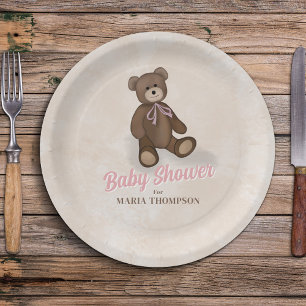 Assiettes En Carton Baby shower personnalisé Ours en Teddy Vintage ros