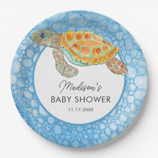Assiettes En Carton Baby Shower Personnalisé Tortue de Mer Aquarelle