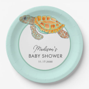 Assiettes En Carton Baby Shower Personnalisé Tortue de Mer Aquarelle