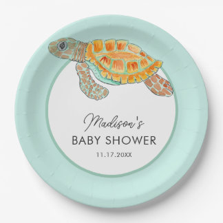 Assiettes En Carton Baby Shower Personnalisé Tortue de Mer Aquarelle