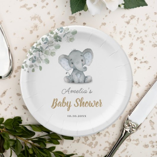 Assiettes En Carton Baby shower petit éléphant verdoyant