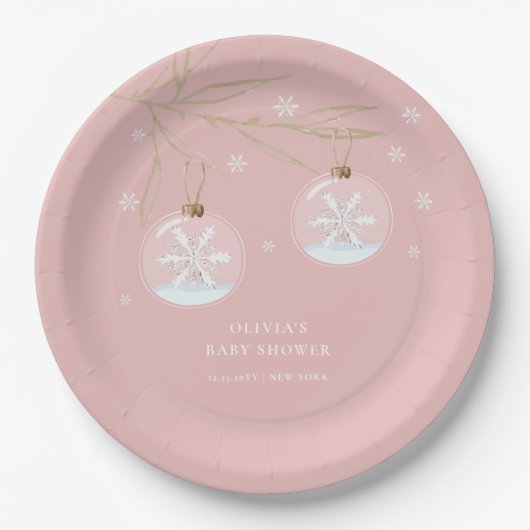 Assiettes En Carton Baby shower Pink Gold Winter Snowflake (Devant)