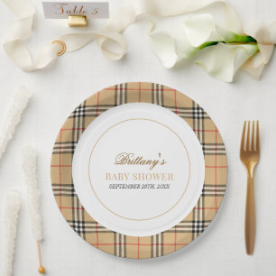 Assiettes En Carton Baby shower Plaid Chèque Beige