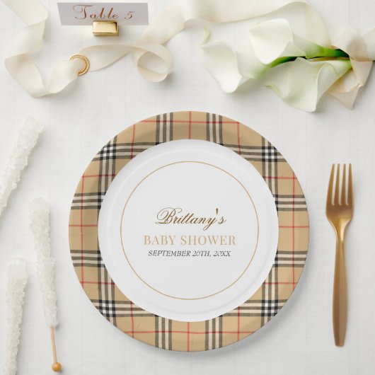 Assiettes En Carton Baby shower Plaid Chèque Beige (Mariage)