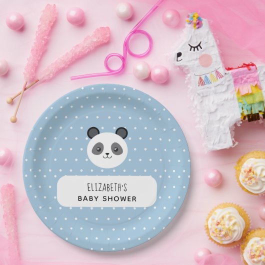 Assiettes En Carton Baby shower Pois Kawaii Panda Blue Boy (Fête)