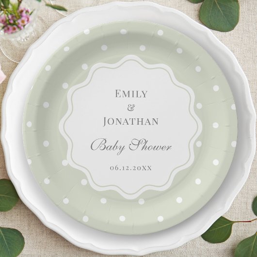 Assiettes En Carton Baby shower Pois vert et blanc de Sage clair