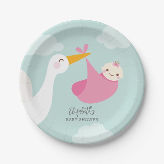 Assiettes En Carton Baby shower pour fille de groupe de Stork (Devant)