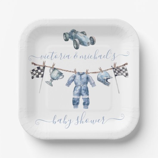 Assiettes En Carton Baby shower pour garçons de course automobile (Recto)