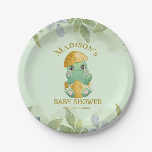 Assiettes En Carton Baby shower pour garçons de dinosaures vert (Devant)