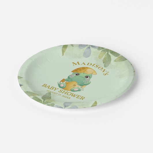 Assiettes En Carton Baby shower pour garçons de dinosaures vert (Angle)