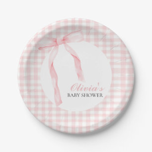 Assiettes En Carton Baby shower prépa avec un nœud rose et gingham