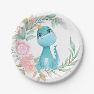 Assiettes En Carton Baby shower Princess Aqua Dinosaur Pink Peony