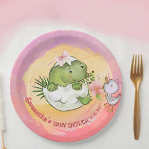 Assiettes En Carton Baby Shower Rond Personnalisé Dino & Caneton