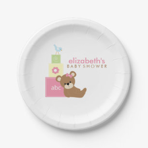Assiettes En Carton Baby shower rose de blocs d'ours et de jouet