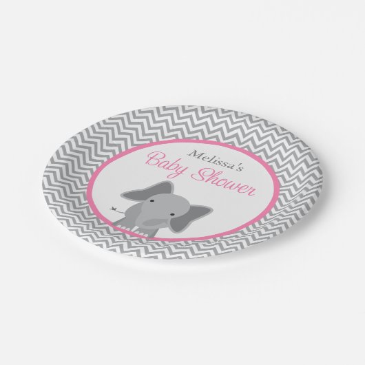 Assiettes En Carton Baby shower rose de Chevron d'éléphant mignon (Angle)
