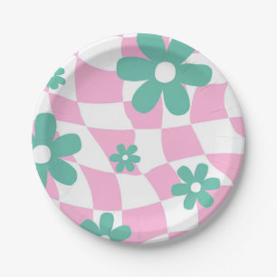 Assiettes En Carton Baby Shower Rose et Damier & Marguerite Turquoise