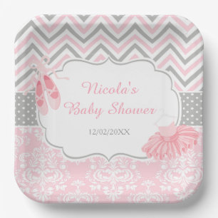Assiettes En Carton Baby shower rose et gris Chevron Ballerina
