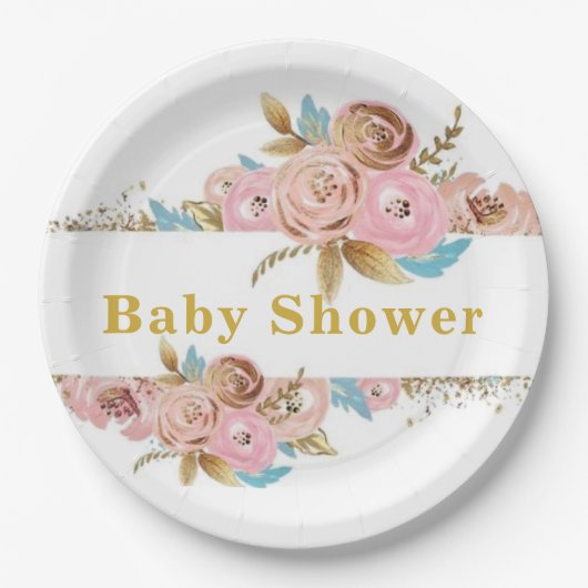 Assiettes En Carton Baby shower rose et or Turquoise Peony (Devant)