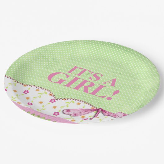 Assiettes En Carton Baby shower rose et vert de libellule (Angle)