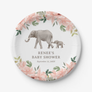 Assiettes En Carton Baby shower rose floral Eléphant fille
