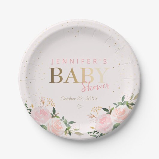 Assiettes En Carton Baby shower Rose Floral Gold Girl (Devant)