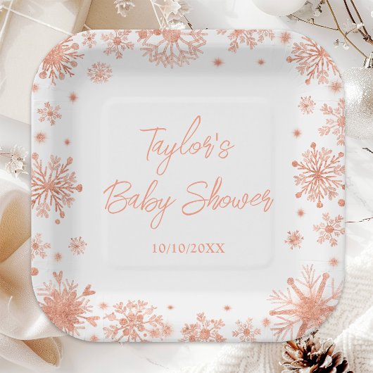 Assiettes En Carton Baby shower rose Gold Snowflakes