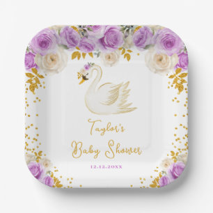 Assiettes En Carton Baby Shower Rose Violette Et Or Cygne