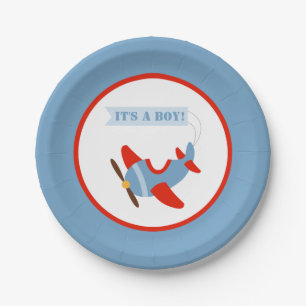 Assiettes En Carton Baby shower rouge de garçon bleu d'avion