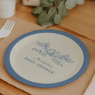 Assiettes En Carton Baby Shower Ruban Botanique Bleu