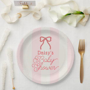 Assiettes En Carton Baby Shower Ruban Rouge & Rayures Roses