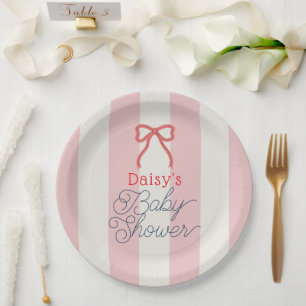 Assiettes En Carton Baby Shower Ruban Rouge & Rayures Roses