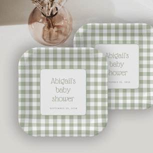 Assiettes En Carton Baby Shower Rustique à Carreaux Vert Sauge