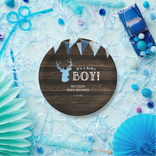 Assiettes En Carton Baby shower rustique Bois Bleu Cerf (Fête)