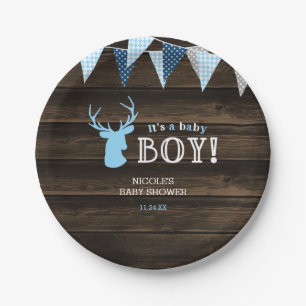 Assiettes En Carton Baby shower rustique Bois Bleu Cerf