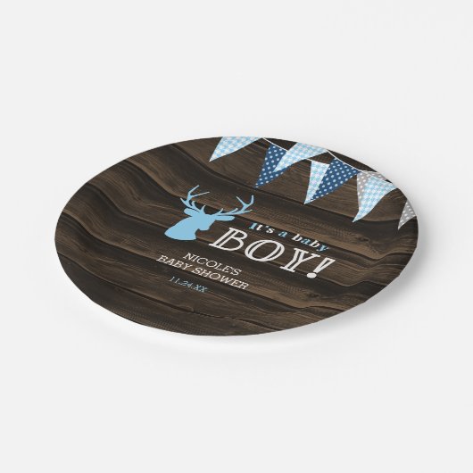 Assiettes En Carton Baby shower rustique Bois Bleu Cerf (Angle)