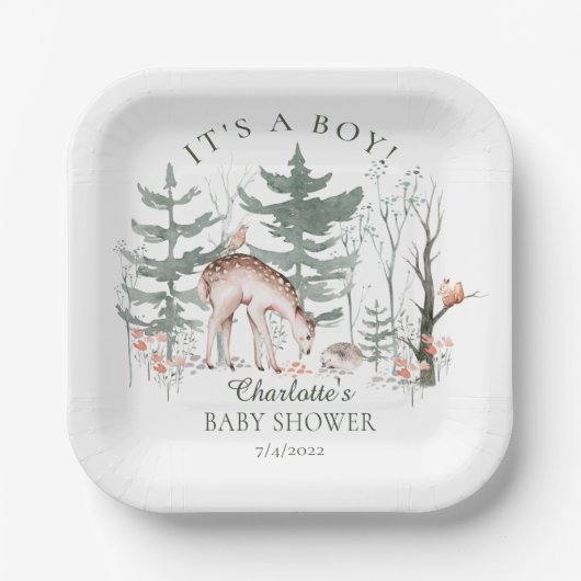 Assiettes En Carton Baby shower Rustique des animaux forestiers (Recto)