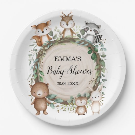 Assiettes En Carton Baby shower Rustique des animaux forestiers (Devant)