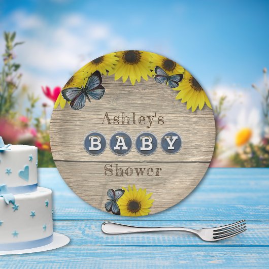 Assiettes En Carton Baby shower Rustique des papillons tournesol