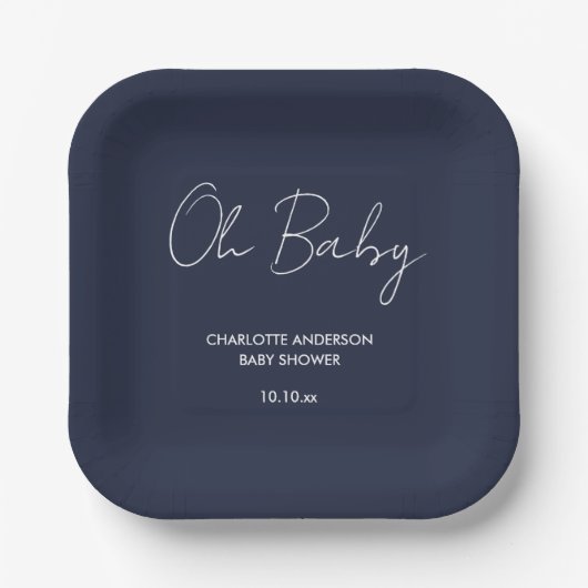 Assiettes En Carton Baby shower script moderne marine bleu élégant (Recto)