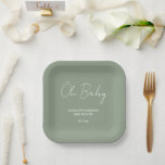 Assiettes En Carton Baby shower script moderne sauge vert élégant<br><div class="desc">Baby shower script moderne sauge vert élégant design de fête. Conception idéale sans distinction de genre. Idéal pour coordonner l'été,  l'automne,  l'automne,  la conception des baby showers d'hiver.</div>